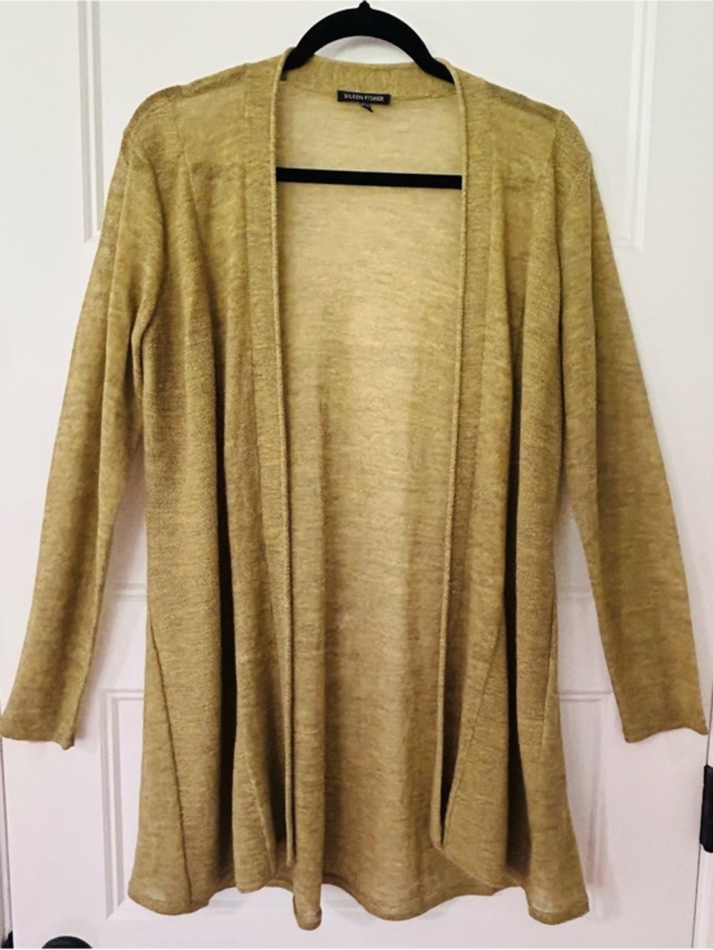 Eileen Fisher Sheer 100% Wool Cardigan Chartreuse Green Italian Yarn Luxury M